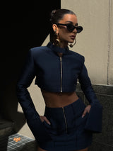 Femme Fatale Cropped Biker Jacket Navy Blue