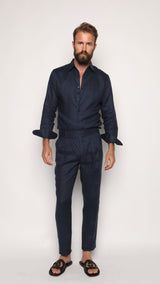 Carlos High Waist Trousers with Side Tabs Navy Blue Linen