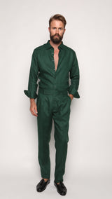 Carlos High Waist Trousers with Side Tabs Peacock Green Linen