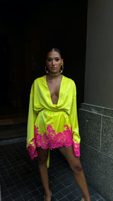 Rio Robe Fluro Yellow Pink Lace