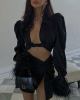 Tulum Feather Wrap Top Black Silk