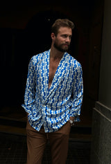 Nico Shawl Neck Shirt Jacket in Blue and White Silk