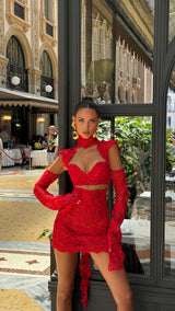 La Bonita Cropped Corset Red Lace and Necktie