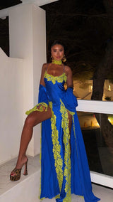 Rio Long Slip Dress Ocean Blue with Lime Green Lace