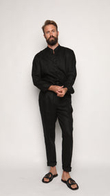 Misha High Waist Drawstring Trousers Black Linen