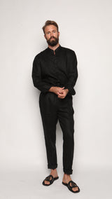 Misha High Waist Drawstring Trousers Black Linen