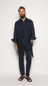 Misha High Waist Drawstring Trousers Navy Blue Linen