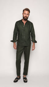 Romano Safari Linen Shirt with Mandarin Collar Forrest Green