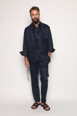 Misha High Waist Drawstring Trousers Navy Blue Linen