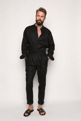 Misha High Waist Drawstring Trousers Black Linen