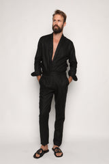 Carlos High Waist Trousers with Side Tabs Black Linen