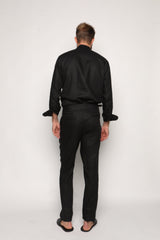 Carlos High Waist Trousers with Side Tabs Black Linen