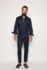 Luca Safari Linen Shirt with French Collar Navy Blue