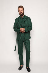 Carlos High Waist Trousers with Side Tabs Peacock Green Linen