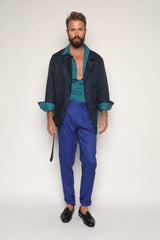 Luca Safari Linen Shirt with French Collar Teal