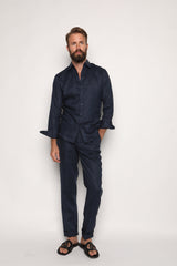 Luca Safari Linen Shirt with French Collar Navy Blue