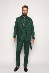 Carlos High Waist Trousers with Side Tabs Peacock Green Linen