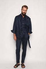 Luca Safari Linen Shirt with French Collar Navy Blue
