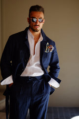 Misha High Waist Drawstring Trousers Navy Blue Linen