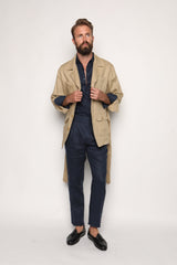 Carlos High Waist Trousers with Side Tabs Navy Blue Linen