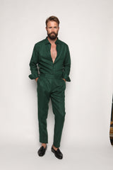 Carlos High Waist Trousers with Side Tabs Peacock Green Linen