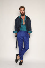 Luca Safari Linen Shirt with French Collar Teal