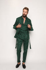 Misha High Waist Drawstring Trousers Peacock Green Linen