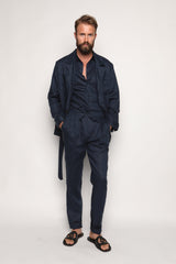 Misha High Waist Drawstring Trousers Navy Blue Linen