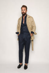 Carlos High Waist Trousers with Side Tabs Navy Blue Linen