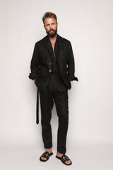 Carlos High Waist Trousers with Side Tabs Black Linen