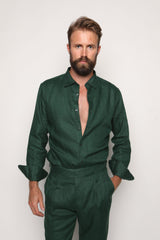 Carlos High Waist Trousers with Side Tabs Peacock Green Linen