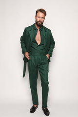 Carlos High Waist Trousers with Side Tabs Peacock Green Linen