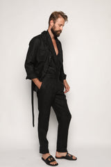 Carlos High Waist Trousers with Side Tabs Black Linen