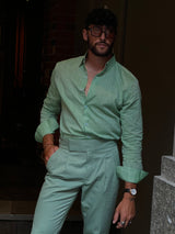 Carlos High Waist Trousers with Side Tabs Pistachio Cotton