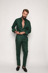 Carlos High Waist Trousers with Side Tabs Peacock Green Linen