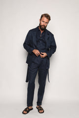 Misha High Waist Drawstring Trousers Navy Blue Linen