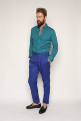 Luca Safari Linen Shirt with French Collar Teal