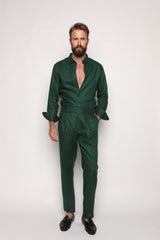 Carlos High Waist Trousers with Side Tabs Peacock Green Linen