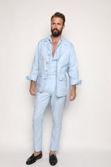 Romano Safari Linen Shirt with Mandarin Collar Baby Blue