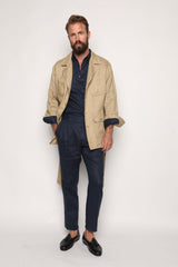 Carlos High Waist Trousers with Side Tabs Navy Blue Linen