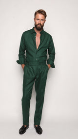 Carlos High Waist Trousers with Side Tabs Peacock Green Linen