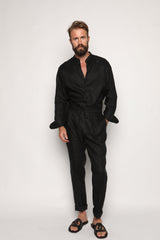 Misha High Waist Drawstring Trousers Black Linen