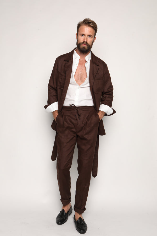 Misha High Waist Drawstring Trousers Brown Linen