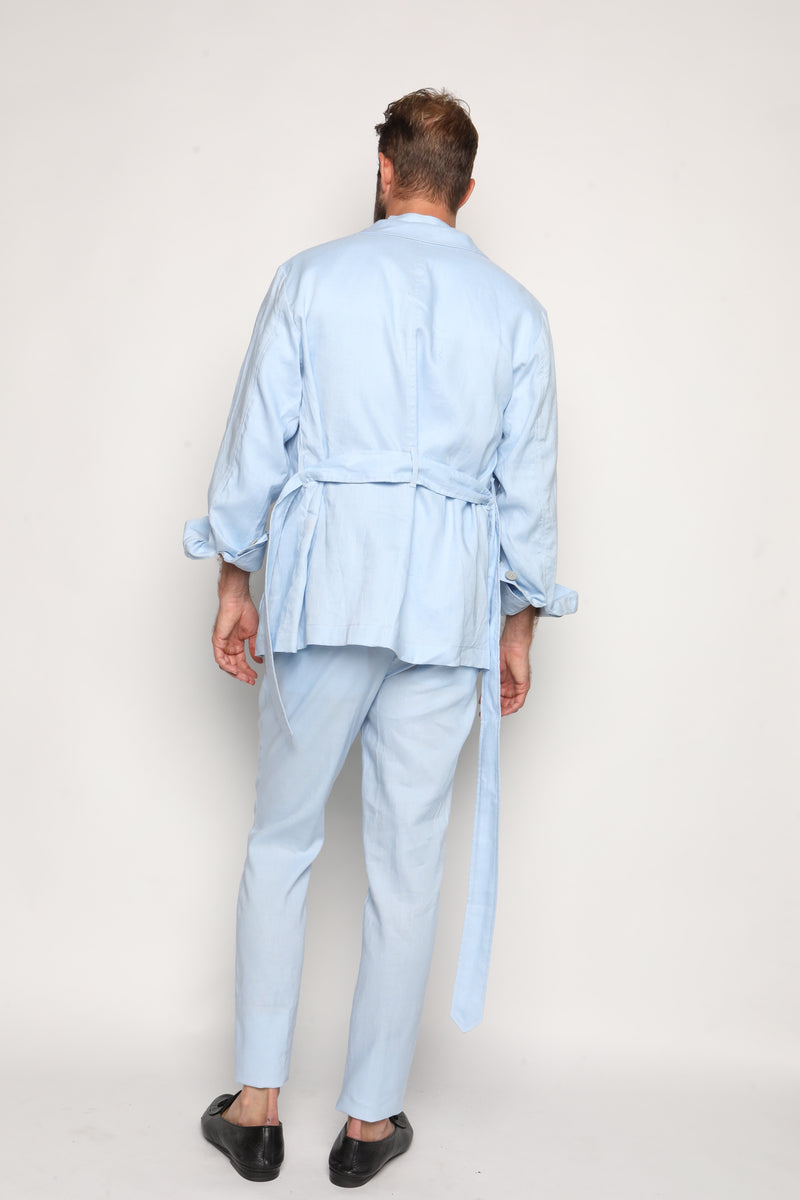 Romano Safari Linen Shirt with Mandarin Collar Baby Blue