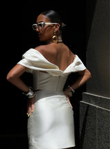 Nina Corset in Ivory White by Khirzad Femme - Elegant ivory white corset with heavy bone detailing, low v neckline with off voluminous off the shoulder sleeves designed for the Khirzad Femme Bridal Collection