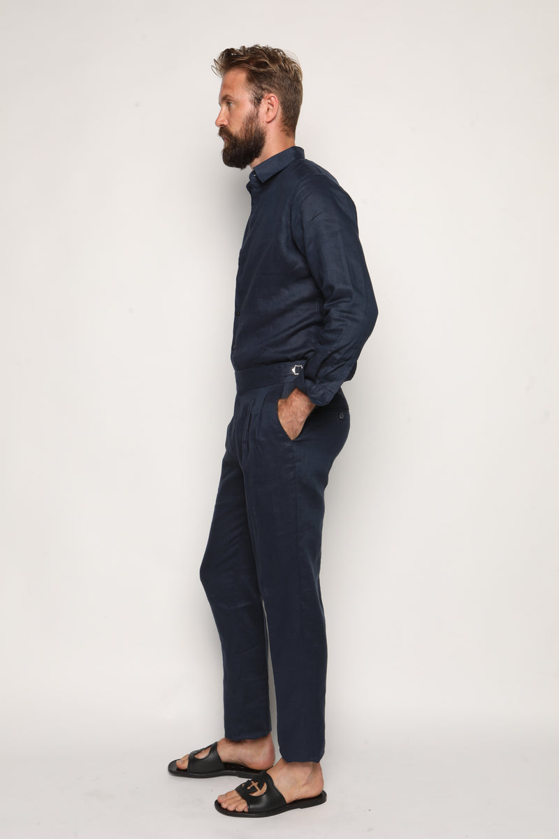 Carlos High Waist Trousers with Side Tabs Navy Blue Linen