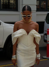 Nina Corset in Ivory White by Khirzad Femme - Elegant ivory white corset with heavy bone detailing, low v neckline with off voluminous off the shoulder sleeves designed for the Khirzad Femme Bridal Collection