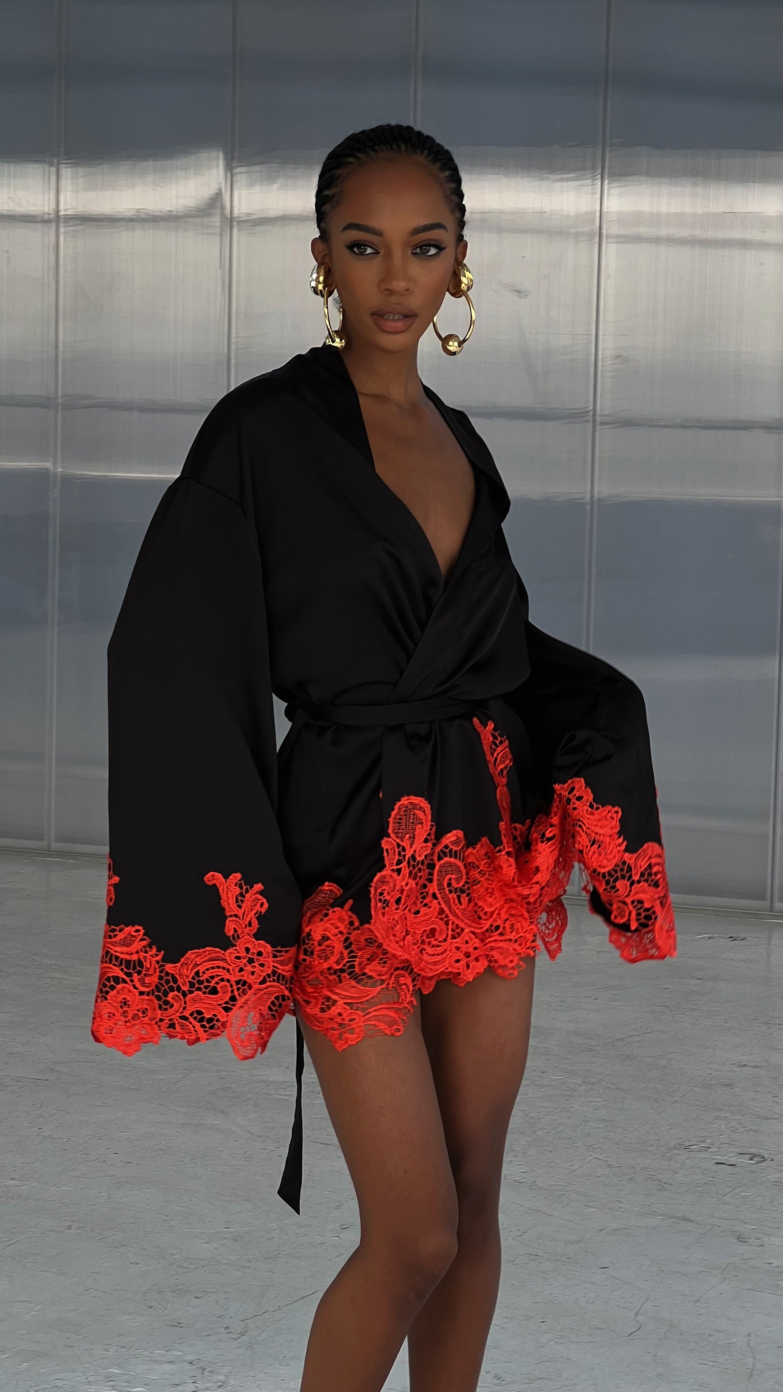 Rio Robe Black with Orange Red Lace – Khirzad