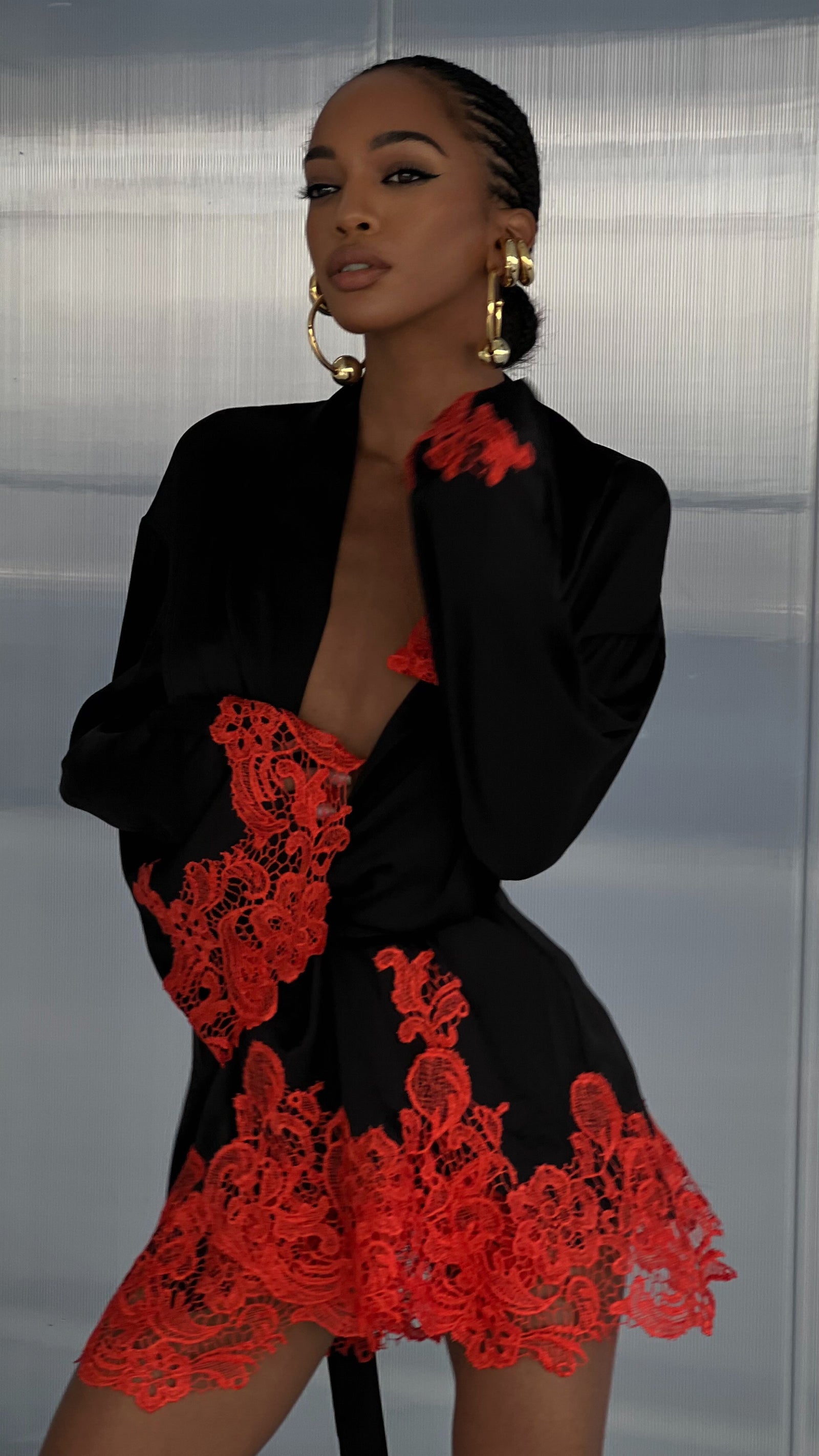 Rio Robe Black with Orange Red Lace Khirzad Rio Robe Black with Orange Red Lace Khirzad