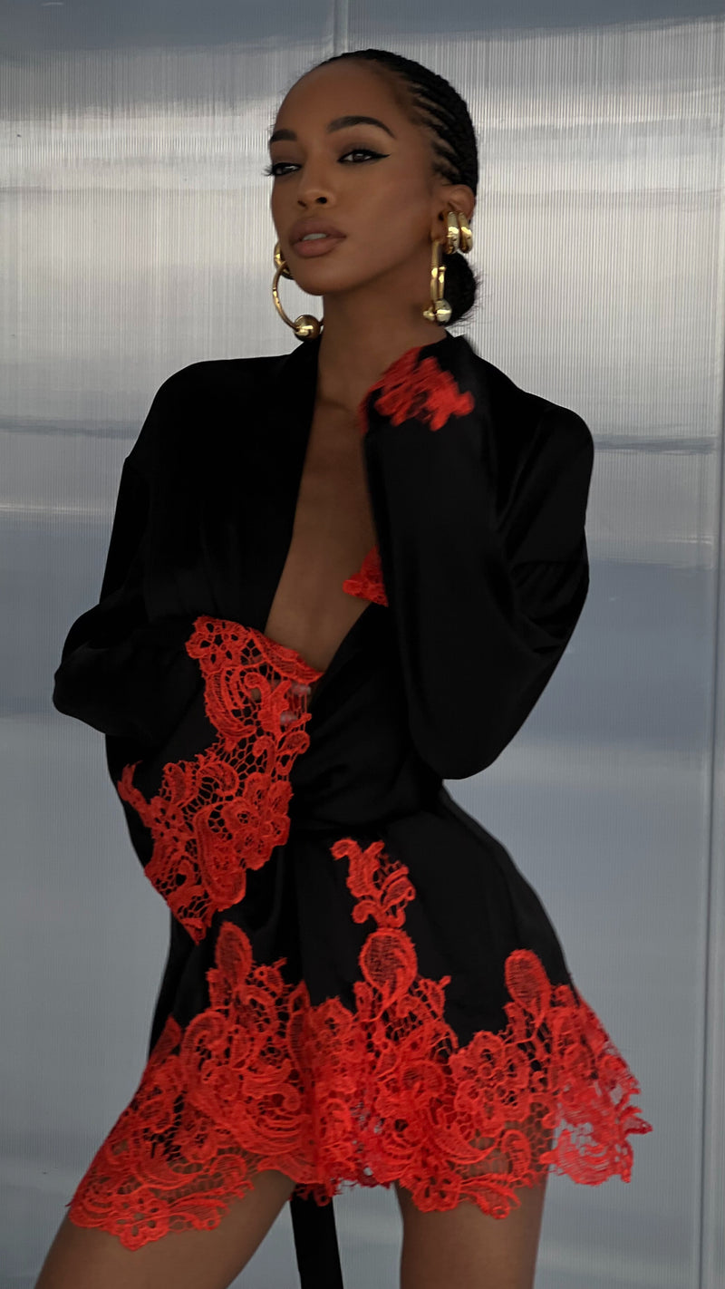 Rio Robe Black with Orange Red Lace Khirzad Rio Robe Black with Orange Red Lace Khirzad